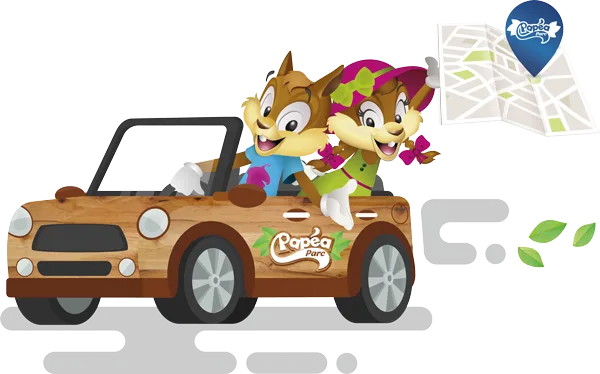Papeo et  Lola en voiture avec un plan